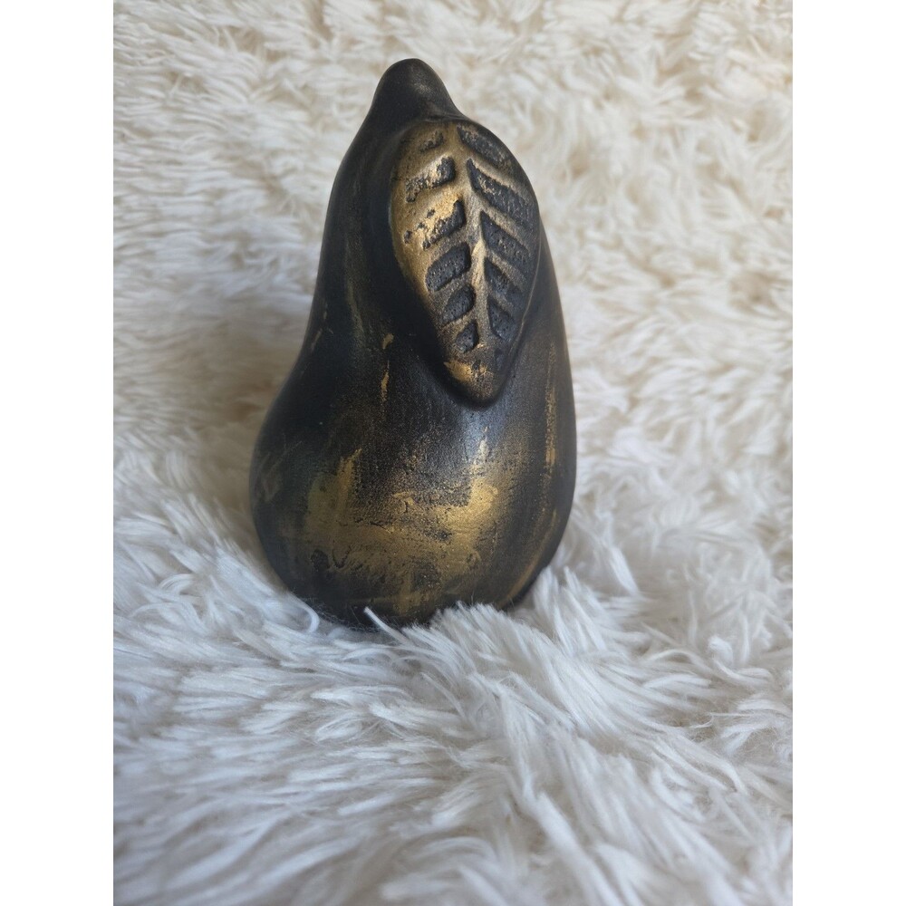Hand Painted Ceramic Pear With Leaf 6" Black Gold Sculpture Figurine